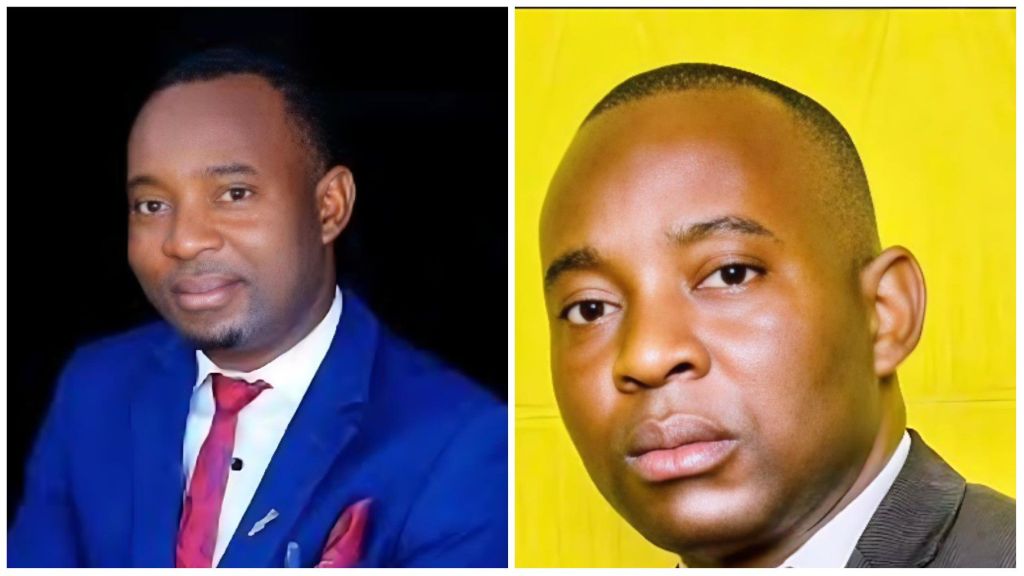 Dr Ifeanyi Ogbu pictured in two different portraits — one in a navy blue suit with a red tie and the other in a dark suit against a yellow background.