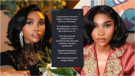 Side-by-side portraits of Nigerian medical doctor and influencer Dr Bea, wearing elegant makeup and outfits, with her Instagram Story post in the centre where she expresses disappointment in Nigeria’s healthcare system and urges doctors to show compassion.