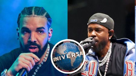 A split image showing Drake and Kendrick Lamar with the Universal Music Group logo in the centre. On the left, Drake performs with a microphone, wearing diamond jewellery and braids under blue lighting. On the right, Kendrick Lamar performs on stage in a black cap and a blue jacket, holding a microphone close to his mouth.