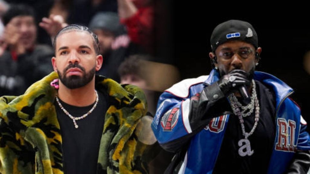 Side-by-side image showing Drake and Kendrick Lamar during separate public appearances. Drake wears a camouflage fur coat and chain necklace, while Kendrick Lamar performs on stage in a blue jacket, black gloves, and layered diamond chains.