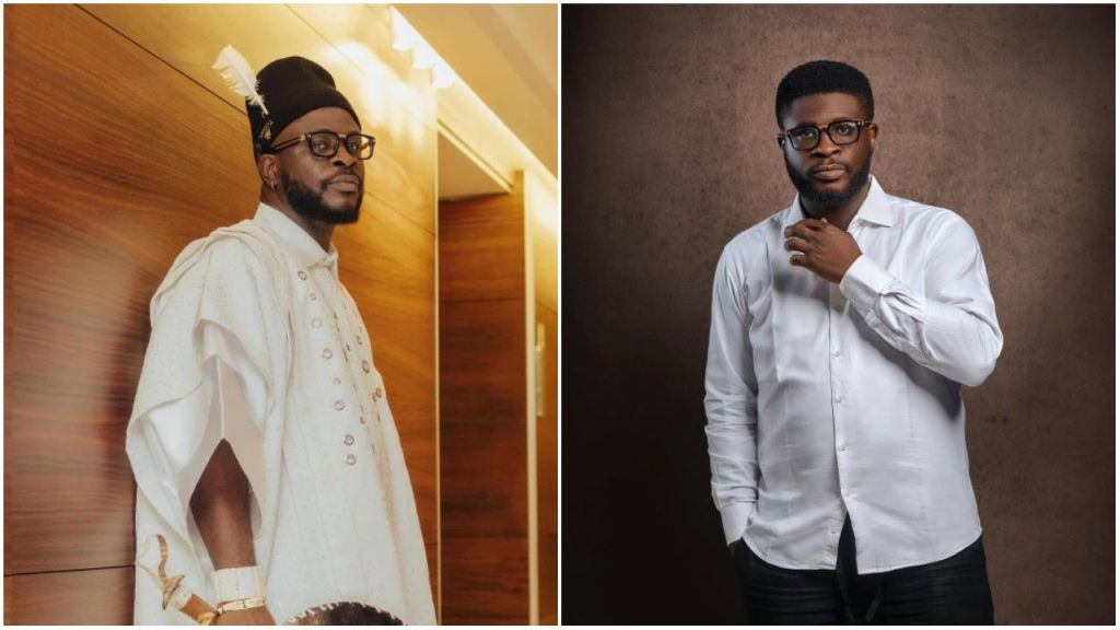 Side-by-side collage of Nigerian comedian Dr Craze. On the left, he poses in a white traditional agbada outfit with a black cap and glasses, standing against a wooden background. On the right, he wears a white button-up shirt with dark trousers, holding his collar while posing in front of a plain brown backdrop.