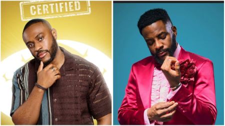 Collage image showing BBNaija’s Kola on the left wearing a brown patterned shirt with a “Certified” tag above him, and media personality Ebuka Obi-Uchendu on the right adjusting his sleeve while dressed in a bright pink suit.