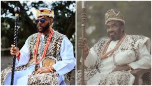 BBNaija host Ebuka Obi-Uchendu and veteran actor Pete Edochie wear matching traditional outfits featuring leopard prints and coral beads, each holding a staff in regal poses.
