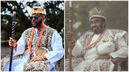 BBNaija host Ebuka Obi-Uchendu and veteran actor Pete Edochie wear matching traditional outfits featuring leopard prints and coral beads, each holding a staff in regal poses.