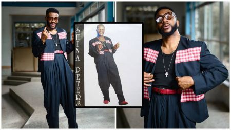 Ebuka Obi-Uchendu poses in a black outfit with red checkered patterns, recreating Sir Shina Peters’ iconic vintage style, with a photo of the veteran musician inset for comparison.