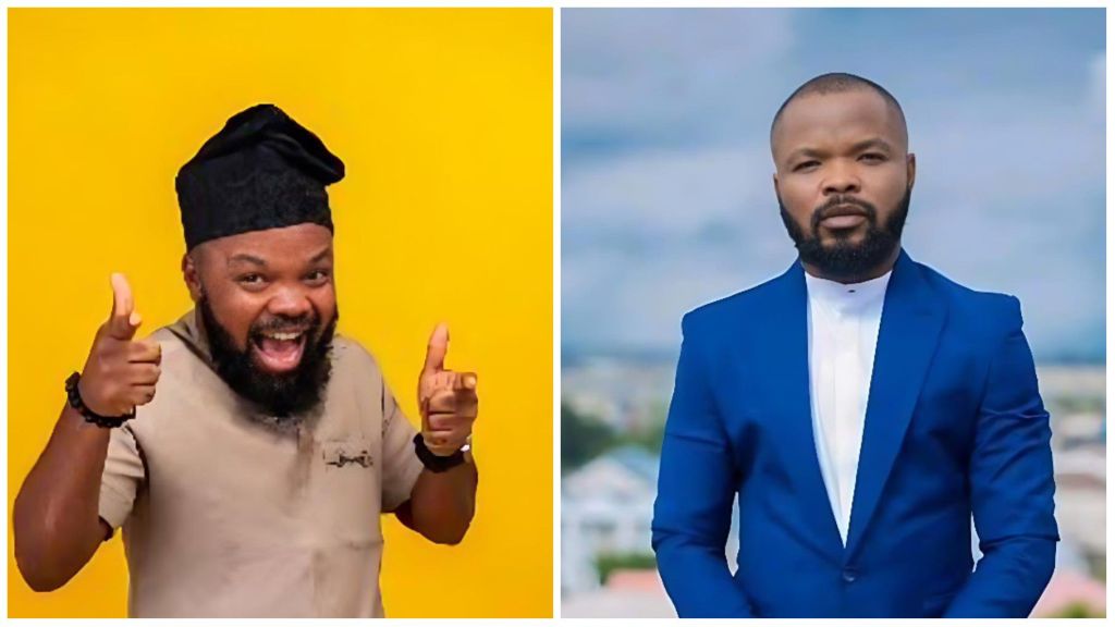 Popular on-air personality and comedian Nedu Wazobia appears in two portraits — one showing him cheerfully posing in traditional attire against a bright yellow background, and another featuring him in a formal blue suit with a calm expression.