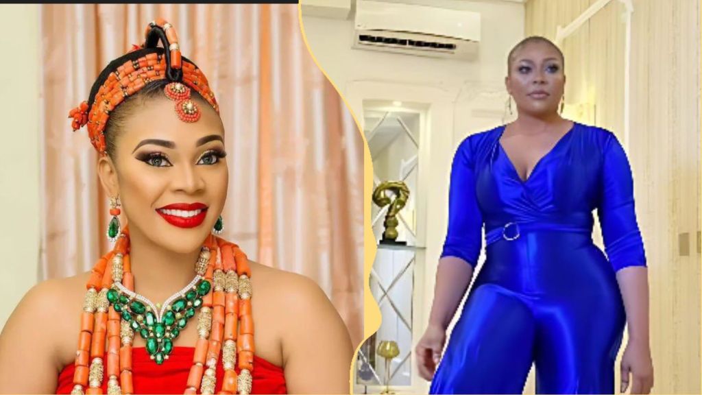 Side-by-side images of Nigerian businesswoman Ehi Ogbebor. The left image shows her in traditional attire adorned with coral beads and green jewellery, smiling brightly with red lipstick. The right image shows her in a form-fitting royal blue jumpsuit, standing confidently indoors.