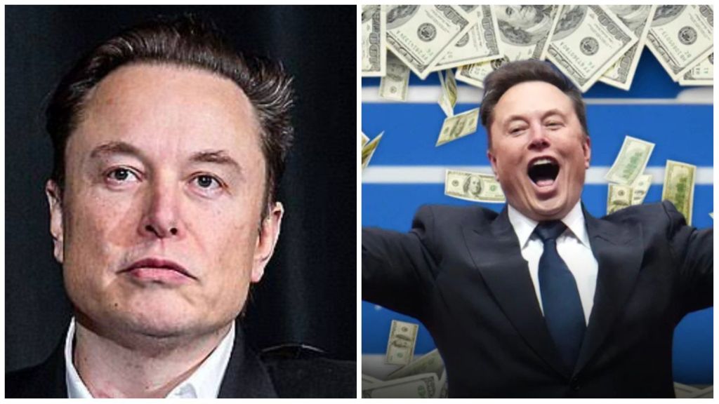 Left: Elon Musk in a close-up portrait, wearing a suit and white shirt, with a serious expression. Right: Elon Musk in a suit celebrating with arms wide open, surrounded by falling dollar bills, smiling broadly.