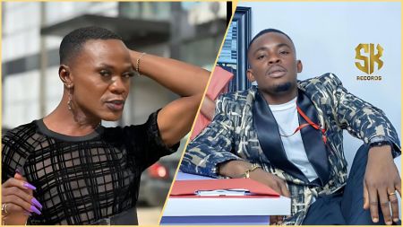 Side-by-side photo collage showing Nigerian entertainer Emeka the Star (left) posing outdoors in a sheer black top with short hair and purple nails, and comedian SK (right) seated indoors wearing a patterned suit jacket beside a desk branded with the SK Records logo.