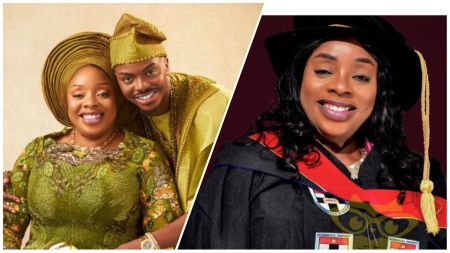 Media personality Enioluwa poses joyfully with his mother, both dressed in traditional Yoruba attire on the left, while on the right she smiles proudly in her doctoral graduation gown and cap after earning her PhD.
