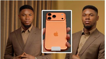 Ituma Chukwuemeka (Mr Enviable) poses in a brown suit beside an orange iPhone 17 Pro device.