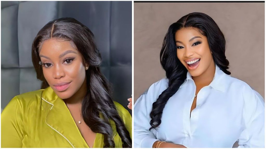 Side-by-side portraits of Nollywood actress Eriata Ese wearing a lime green satin top in one image and a white shirt in the other, both showing her smiling with long wavy black hair.