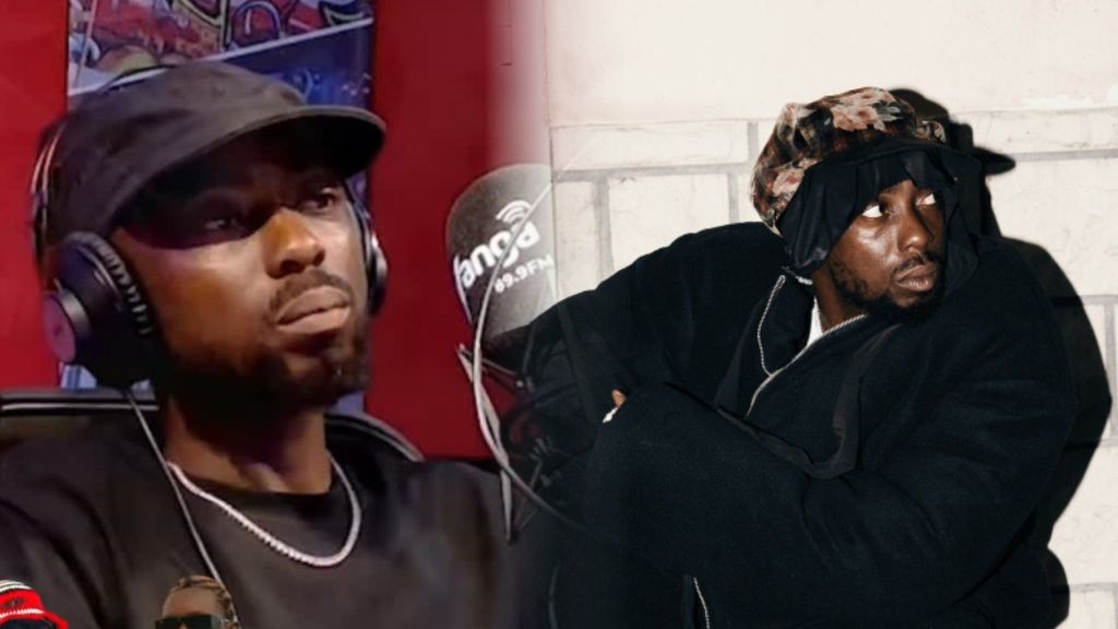 Nigerian rapper Erigga pictured during a Yanga FM interview and in a separate studio portrait, both showing his signature streetwear style.