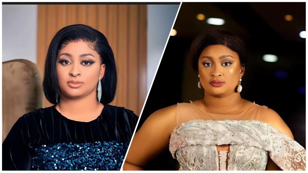 Side-by-side portraits of Nollywood actress Etinosa Idemudia wearing elegant evening outfits — one in a black sequined dress with straight hair, and the other in a cream lace gown with drop earrings, posing against softly lit backgrounds.