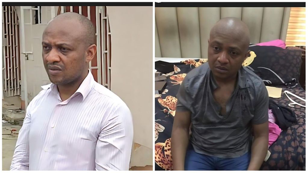 Side-by-side photos of convicted kidnapper Evans, showing him standing outdoors in a white shirt on the left and seated indoors in a grey shirt on the right.