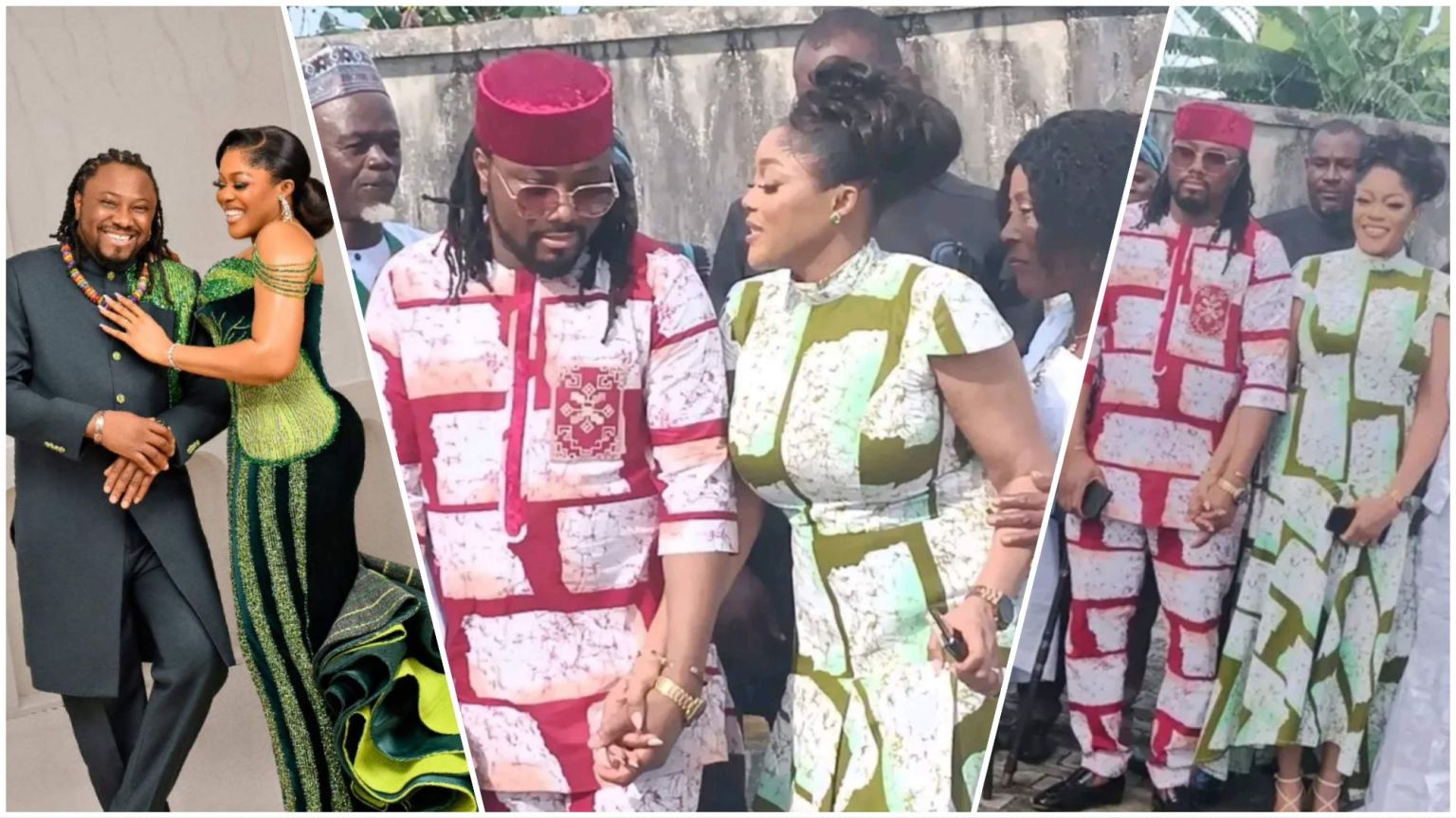 A collage showing Nollywood actress Eve Esin and her Ghanaian husband at their wedding ceremony. The first image features the couple in matching green formal attire, smiling warmly. The other photos capture them holding hands in coordinated red-and-green traditional outfits during what appears to be their marriage rites, surrounded by family and well-wishers.