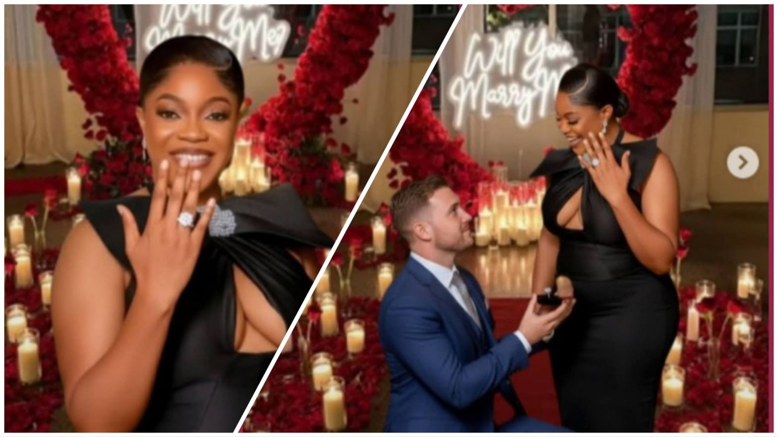 Actress Eve Esin smiles as she shows off her engagement ring while her partner kneels to propose in a romantic setup decorated with red roses, candles, and a glowing “Will You Marry Me?” sign.