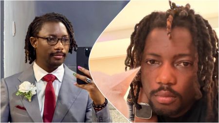 Split-screen photo of Paystack co-founder Ezra Olubi, showing him on the left wearing a grey suit with a red tie and flower boutonnière while taking a mirror selfie, and on the right in a casual close-up with his dreadlocks loose and resting his face on his hand.
