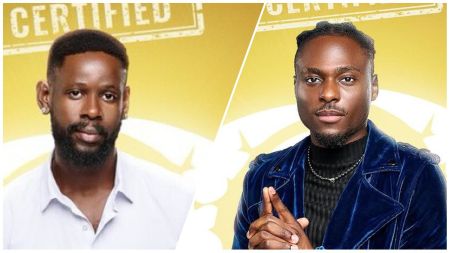 BBNaija Season 10 housemates Faith and Mensan pose in their official portraits against a yellow background with the word “Certified” above.