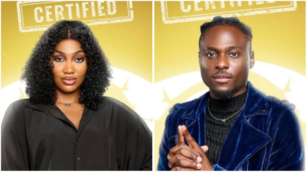 BBNaija Season 10 housemates Sultana in a black outfit and Faith in a blue velvet jacket pose against the official certified backdrop.