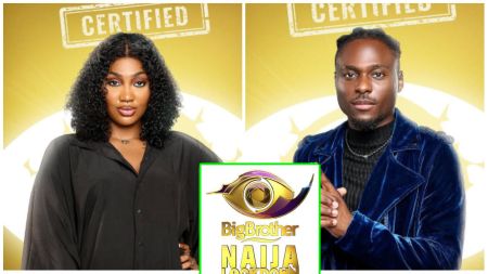 A photo collage of BBNaija housemates Sultana and Faith. On the left, Sultana poses in a black outfit with curly hair, while on the right, Faith stands in a blue velvet jacket against a yellow background with the Big Brother Naija logo in the centre.