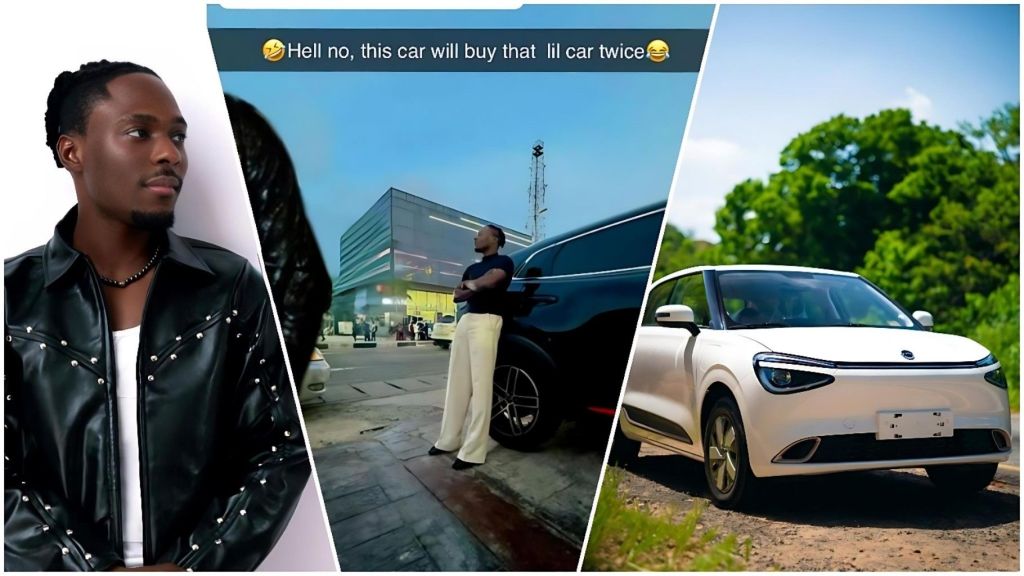 Collage showing BBNaija housemate Faith posing beside a black SUV, his Snapchat caption saying “Hell no, this car will buy that lil car twice,” alongside a separate shot of a white Innoson car often linked to the show prize.