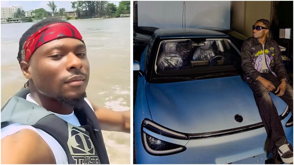 Split image showing BBNaija housemate Faith Adewale; left frame captures him wearing a red headband and life jacket during a water activity, while the right frame shows him seated on the bonnet of his new blue Innoson electric car at night.