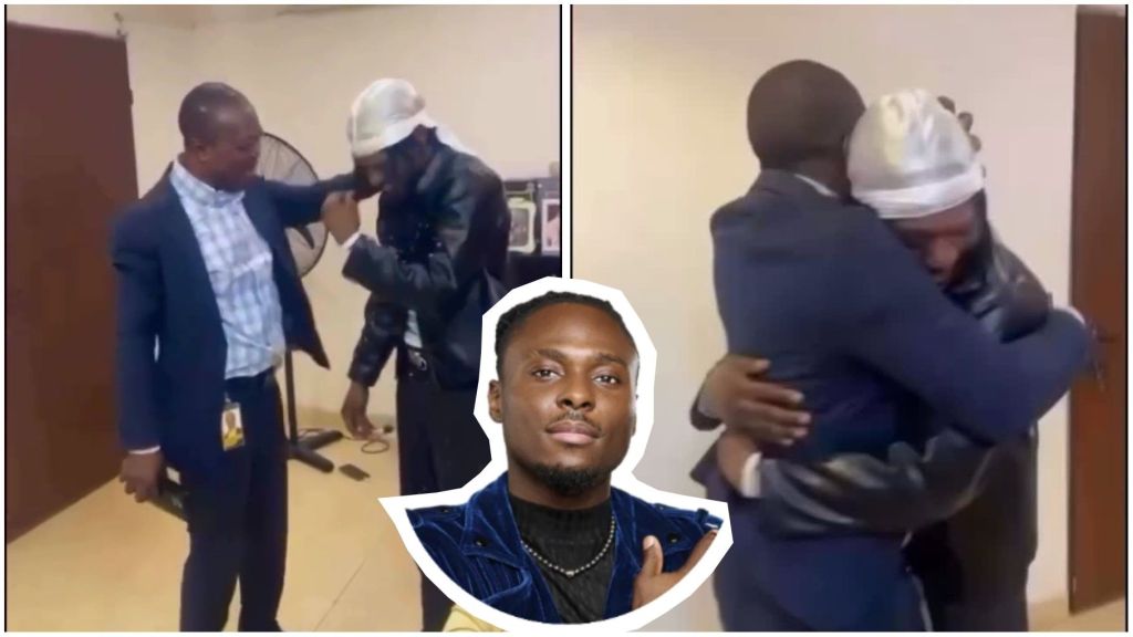 Left: Emotional moment as BBNaija Season 10 housemate Faith bows his head while holding his father’s hand. Right: Faith hugs his father tightly in a heartfelt reunion. An inset shows Faith’s official BBNaija portrait.