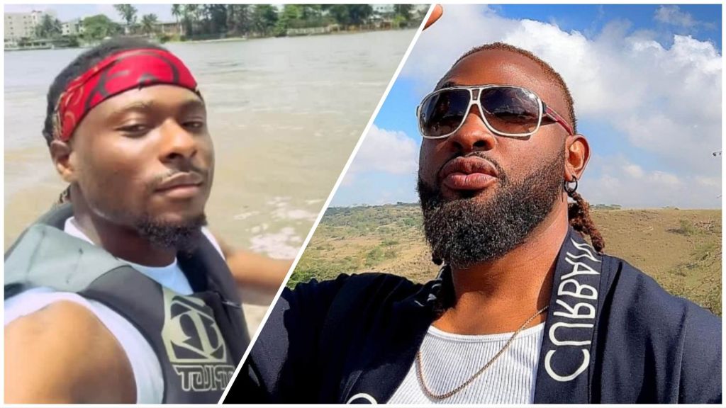 Side-by-side collage showing BBNaija star Faith on a boat wearing a red headband and life jacket, and media personality Uti Nwachukwu wearing sunglasses outdoors.