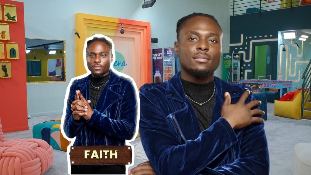 BBNaija Season 10 housemate Faith poses in a blue velvet jacket inside the Big Brother Naija house arena.