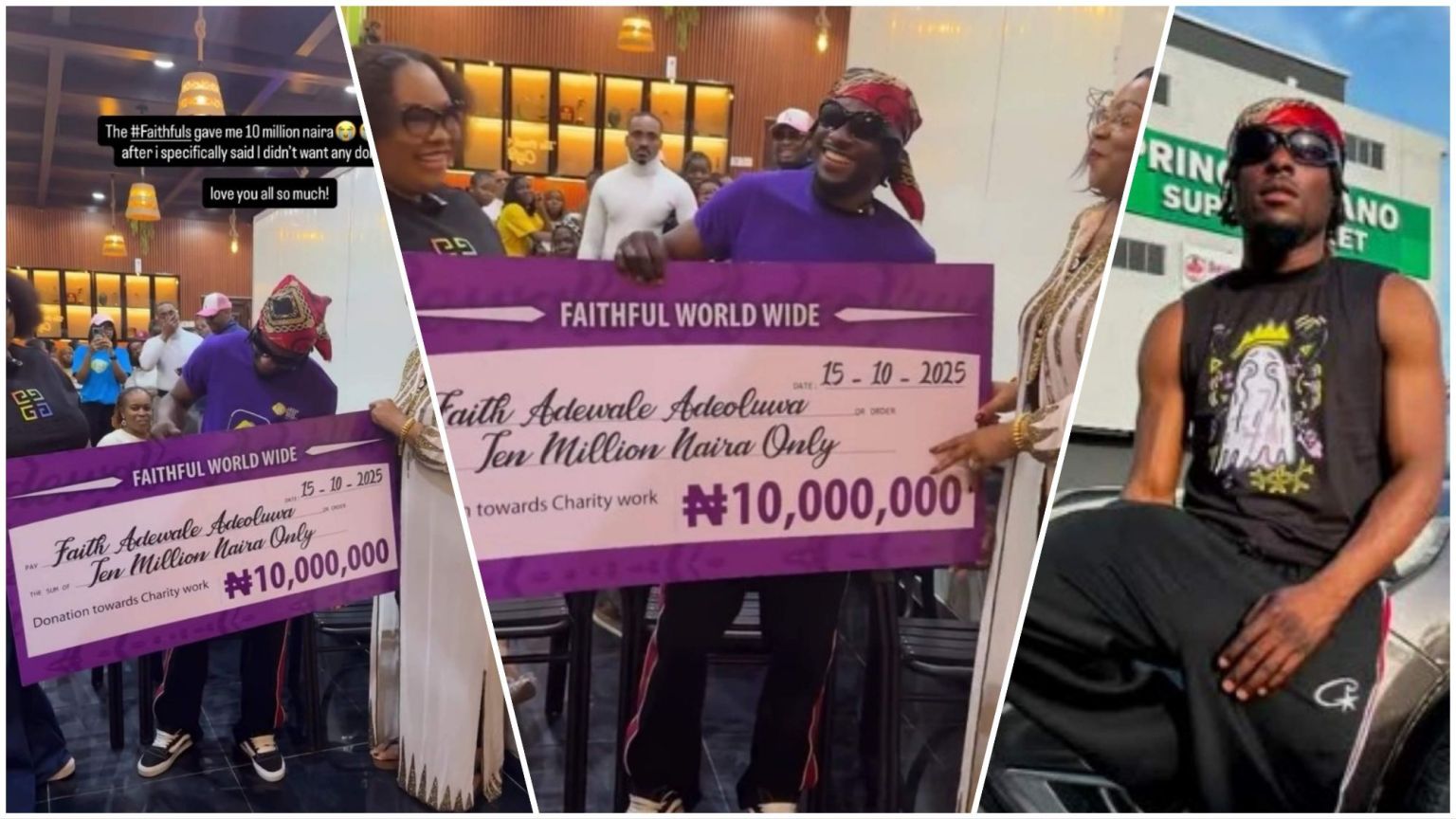 BBNaija Faith (Faith Adewale Adeoluwa) beams as he holds a large purple cheque of ₦10 million from his fanbase, Faithful World Wide, presented during a surprise gathering on October 15, 2025.