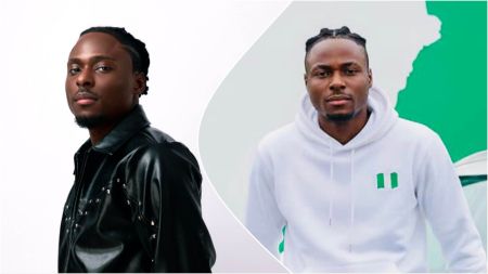 BBNaija star Faith is seen in a portrait wearing a black leather outfit in one frame and a white hoodie featuring the Nigerian flag in another, showcasing his confident style and patriotic spirit.
