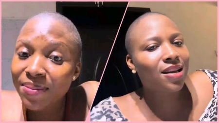 Side-by-side screenshots of a woman with a close-shaved head speaking indoors; left frame is a close-up, right frame is a mid-shot in a patterned top.