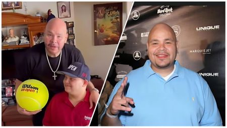 Fat Joe poses indoors with his son, smiling as he holds a bright yellow Wilson US Open tennis ball, while another image shows the rapper posing on a red carpet in a light blue shirt and flashing a peace sign.