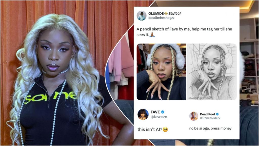Nigerian singer Fave poses in a blonde wig, next to a collage showing a fan’s tweet comparing her photo and a pencil sketch that sparked an AI authenticity debate on X.