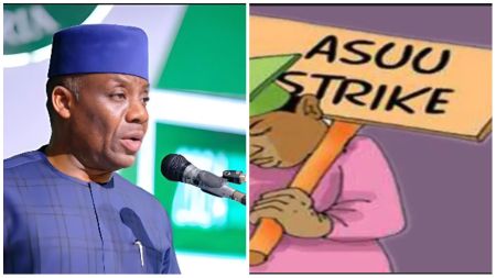 Split image showing Nigeria’s Minister of Education, Dr Tunji Alausa, speaking at a podium on the left, and an illustration of a person holding a placard that reads “ASUU Strike” on the right.
