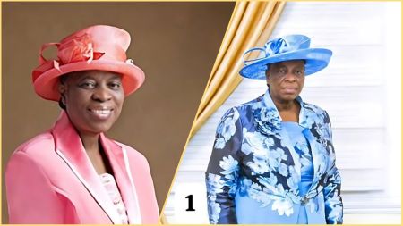 Foluke Adeboye, wife of Pastor Enoch Adeboye, wearing two elegant church outfits — one in pink with a matching hat, and another in blue floral attire with a broad blue hat, standing against indoor backdrops