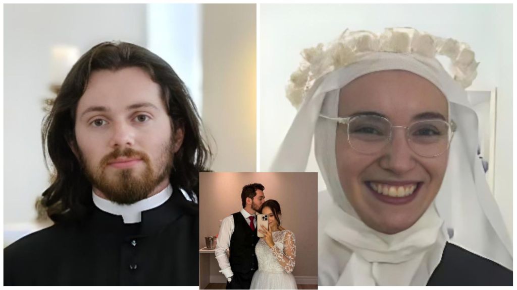 A collage featuring former nun Lais Dognini and ex-priest Jackson Dognini. The first image shows Jackson wearing a black clerical robe with a white collar, looking directly at the camera. The second image shows Lais smiling brightly in a white religious habit and glasses. The smaller centre photo captures the couple on their wedding day — Jackson in a black suit and red tie, kissing Lais, who wears a white lace bridal gown, on the