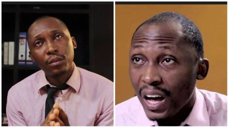 Actor Frank Udokwu is seen in two expressive portraits, wearing a light pink shirt and dark tie while gesturing and speaking passionately in what appears to be a movie or interview setting.