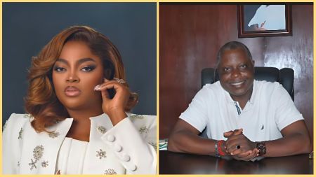 Side-by-side image showing Nigerian actress and filmmaker Funke Akindele wearing a white embellished suit, posing confidently with her hand near her face, and veteran Nollywood actor Dele Odule seated at a desk, smiling in a white polo shirt.