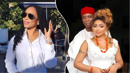 Side-by-side collage showing actress Georgina Onuoha wearing a white shirt and sunglasses outdoors, and another image of Senator Ned Nwoko standing behind his wife, actress Regina Daniels, dressed in traditional white attire with coral beads.