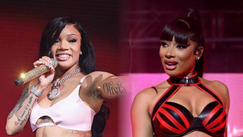 GloRilla performs onstage in a pink outfit holding a glittering mic, while Megan Thee Stallion performs in a red-and-black leather top on another stage.