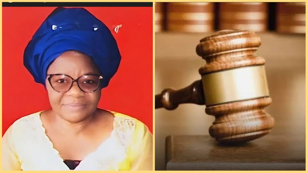 Side-by-side collage showing former Bonghe Microfinance Bank Managing Director Grace Andreas Karka wearing a blue headwrap and glasses against a red background, next to a close-up image of a wooden judge’s gavel resting on a desk in court.