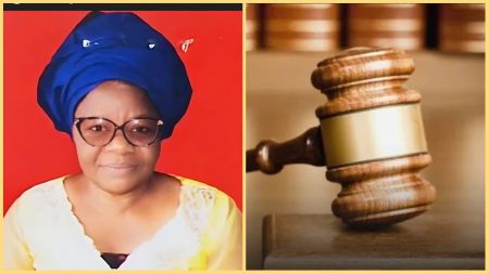 Side-by-side collage showing former Bonghe Microfinance Bank Managing Director Grace Andreas Karka wearing a blue headwrap and glasses against a red background, next to a close-up image of a wooden judge’s gavel resting on a desk in court.