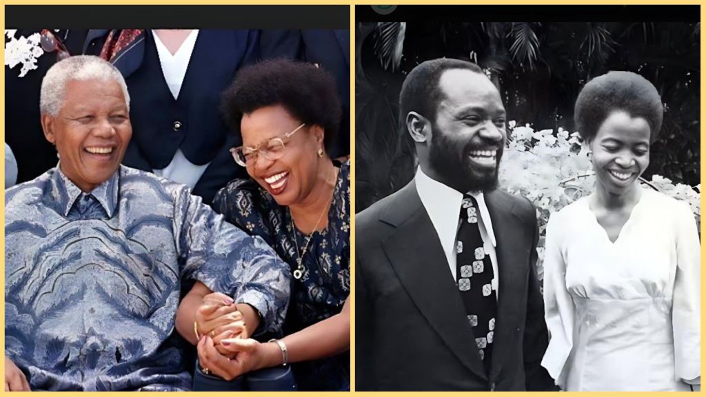 Side-by-side collage showing Graça Machel with her two presidential husbands — on the left, she is seen laughing and holding hands with Nelson Mandela; on the right, a younger Graça smiles beside Samora Machel in a black-and-white photo.