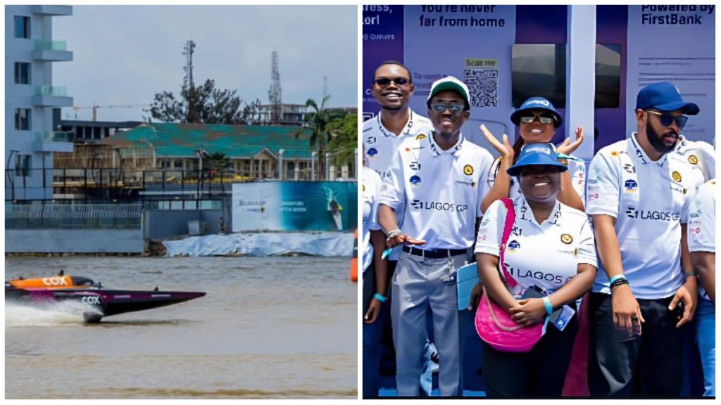 A racing boat speeds across the Lagos Lagoon during the E1 Lagos Grand Prix, while event staff and spectators in branded FirstBank and Lagos GP shirts pose for a group photo at the venue.