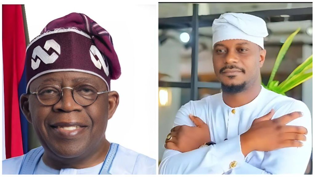 Side-by-side portraits of Nigerian President Bola Ahmed Tinubu and politician Gbadebo Rhodes-Vivour, both wearing traditional Yoruba attire. Tinubu smiles in a maroon agbada and cap, while Rhodes-Vivour poses with arms crossed in a white outfit.