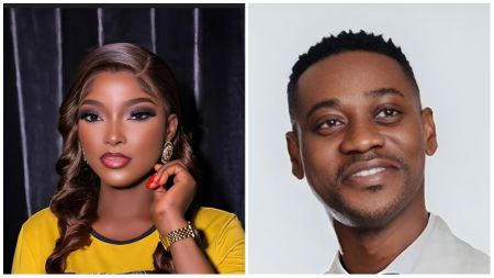 Side-by-side portrait of Nigerian actors Habibat Jinad and Lateef Adedimeji. Habibat is pictured on the left wearing a yellow top, gold earrings and wristwatch, with styled wavy hair and glamorous makeup, while Lateef, on the right, wears a light-coloured suit and smiles against a plain background.