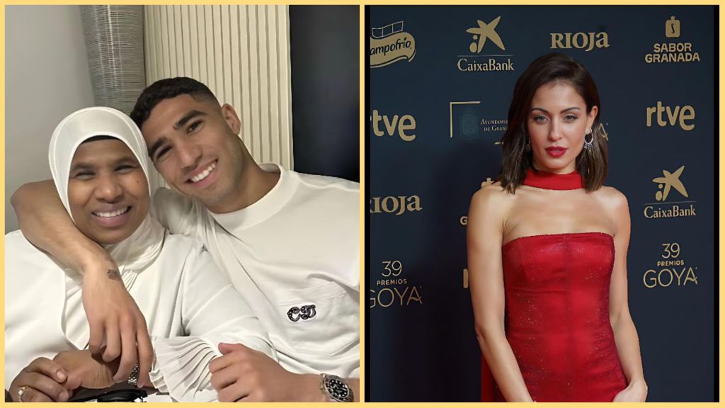 A photo collage showing Moroccan footballer Achraf Hakimi smiling beside his mother, both dressed in white, on the left side, and Spanish actress Hiba Abouk posing in a red gown at an event on the right side.