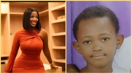 Side-by-side collage showing Nigerian chef Hilda Baci smiling in a red one-shoulder dress beside a portrait of the late 13-year-old Ochanya Ogbanje.